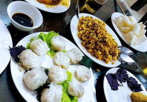 Fried rice with vegetables and dumplings.  at Huong Sen in Ha Giang