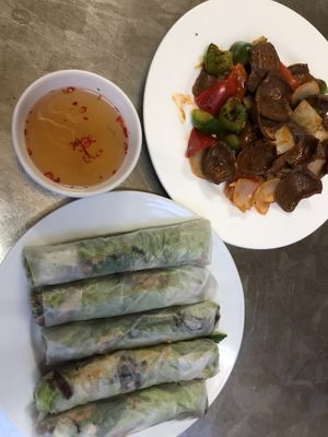 Fresh spring rolls & stir fried vegan beef with black pepper  at Huong Sen in Ha Giang