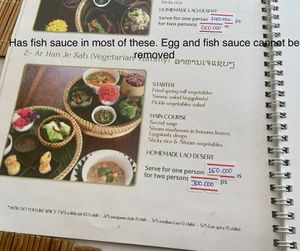 Has fish sauce and cannot remove. Also has egg. Said could make vegan but turns out they can make it vegetarian  at Bamboo Tree Lao Cooking School and Restaurant in Luang Prabang