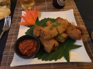 Deep fried bamboo sprouts stuffed with tofu  at Bamboo Tree Lao Cooking School and Restaurant in Luang Prabang