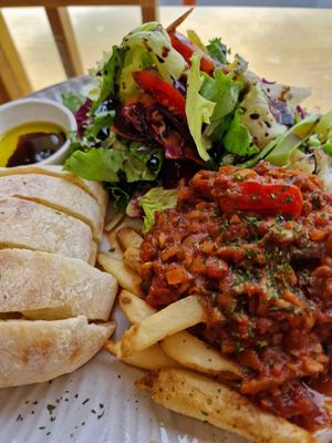 fresh bread, salad, "steak" - tasted like falafel with tomatosauce. But great!! at Cafe Vege Bakery in Gyeongju