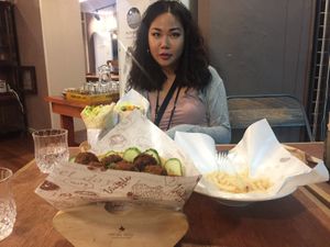 Fries and humous and falafel wraps. Mint and lemon water at Cafe Vege Bakery in Gyeongju