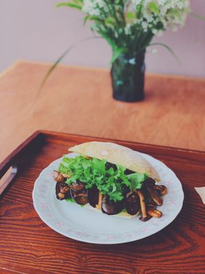 Ciabatta with Aubergine and Mushrooms at Cafe Vege Bakery in Gyeongju