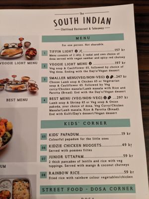 Part of the menu at The South Indian - Vesterbrogade in Copenhagen