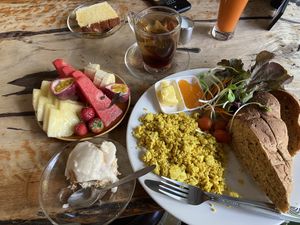 Tofu scramble and cinnamon bun  at Blue Diamond in Chiang Mai