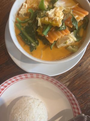 Red curry with vegetables, tofu and organic ricee  at Blue Diamond in Chiang Mai