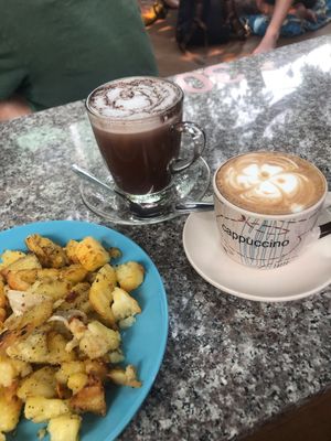 Vegan hot chocolate, cappuccino and hash brown  at Blue Diamond in Chiang Mai