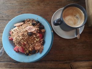 Muesli with fruits and soy yogurt at Blue Diamond in Chiang Mai
