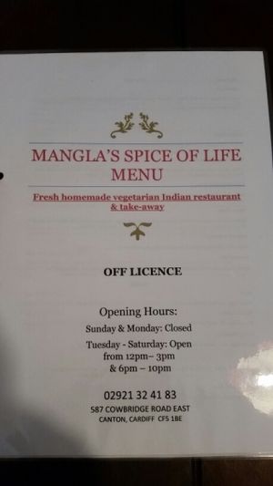 Front of Menu at Mangla's Spice of Life in Cardiff