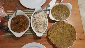 Delicious good Mixed Veg and moong dhall, rice and thepla roti at Mangla's Spice of Life in Cardiff