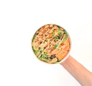 DREAMY TAHINI GREENS: Tahini Ginger, spiced medium, mixed greens, spiced local tofu, glazed sweet potatoes, carrots, edamame, peppers at Brightwok Kitchen - The Loop in Chicago