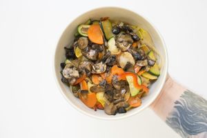 SWEET UMAMI MUSHROOM: Adam's Street . Teriyaki, rice noodles, grass-fed steak, carrots, onions, peppers, ZUCCHINI/SQUASH, *INCLUDES LOCAL MUSHROOMS at Brightwok Kitchen - The Loop in Chicago