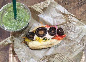 Mushroom sandwich and green smoothie at Vege Stand in Tokyo