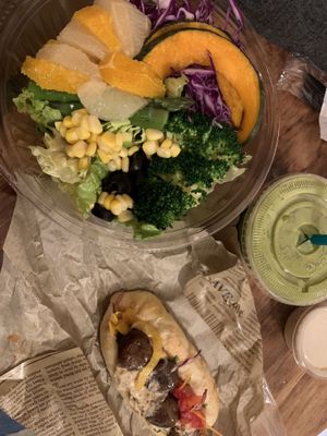 Salad with Hot Dog and green Smoothie  at Vege Stand in Tokyo