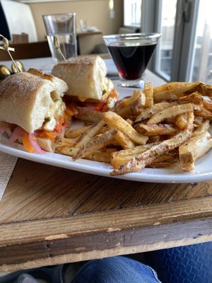 Tofu Bahn mi with truffle fries and espresso martini. All vegan    at Tin Pan Alley in Provincetown