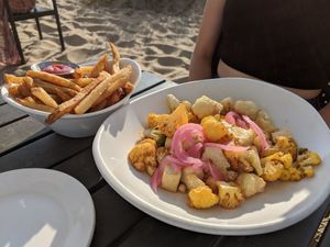 Tri color cauliflower and hand cut french fries at Tin Pan Alley in Provincetown