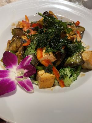 Spicy eggplant was soft and succulent with crisp broccoli and basil.  at Noi Thai in Honolulu