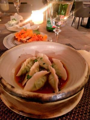 Green pea gyoza dumplings  at Mandala in Belgrade