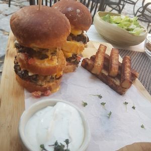 Cheeseburger and chips. This looks big, and it is big. And very delicious too. at Mandala in Belgrade