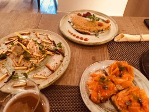 Carrot lox, baked jacket potato and chickpea crepe at Mandala in Belgrade