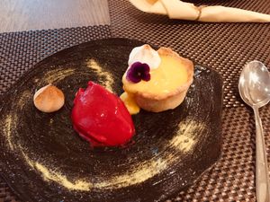 Lemon meringue pie with raspberry sorbet  at Mandala in Belgrade
