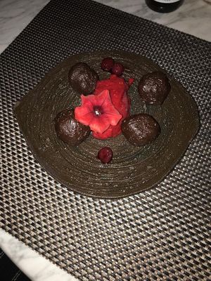 Raspberry sorbet with chocolate ganache at Mandala in Belgrade