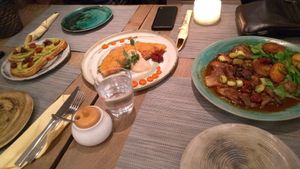 Avocado tartines, chickpea crêpe with veggie creamed filling and savoury mushrooms at Mandala in Belgrade