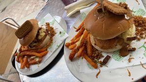 Biscoff Burger (vegan chicken and bacon, cheese, hash brown and Biscoff spread)   at Bailgate Deli in Lincoln