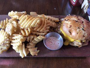 Farby with waffle fries. Epic! at Morels Cafe in Louisville