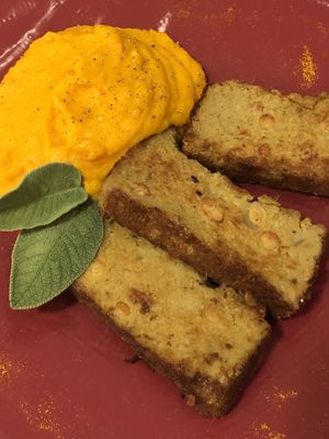 Chickpea and aubergine meatloaf with carrot-ginger purée  at ErbOsteria in Trieste