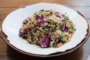 Vegan Tabule Salad with cus cus, carrots, purple carrot and pasrley. at Siete Semillas in Malaga