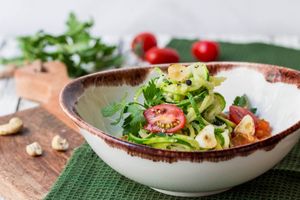 Courgette's noodles served with pisto ( tomato sauce with seasonal mix veg. 
Pisto is  typical Spanish dish.)  at Siete Semillas in Malaga