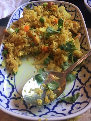 Pineapple fried rice made vegan with NO EGG and added tofu. Highly recommend. at Sawasdee Thai Cuisine in Ventura