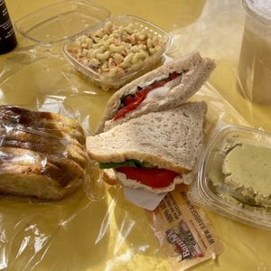 Unchicken salad sandwich, macaroni salad, sunflower seed spread, sourdough crusts, and Guava limeade   at Bambi's Country Farm Market in High Springs