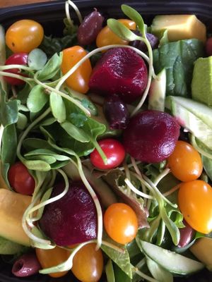 Avocado & More Salad...Fresh Salad Greens, Avocado, Sunflower Sprouts, Baby Pickled Beets, Cucumber, Grape Tomatoes, Black Olives & more.... at Bambi's Country Farm Market in High Springs