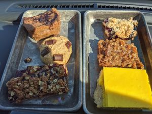 Pictured is the zucchini bread, Coco loco cookie, cranberry streusel, blueberry crumble, pecan bar, and lemon bar. Delicious! at Bambi's Country Farm Market in High Springs