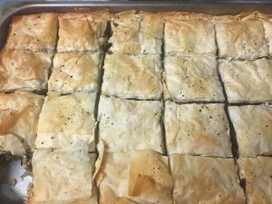 Greens Pie...aka Spanakopita! but with collard greens and organic vegan phyllo dough and our own vegan feta, served with a cup of soup and fresh fruit! at Bambi's Country Farm Market in High Springs