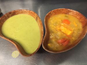 Soups du jour, Curried Red Lentil & Cauliflower, Organic Asparagus & Green Pea. at Bambi's Country Farm Market in High Springs