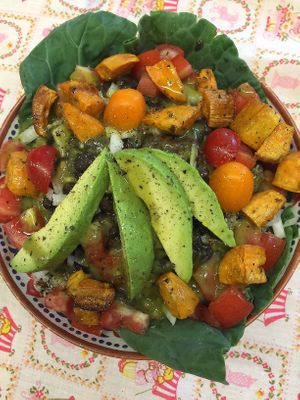 Mexican Black Bean Quinoa Bowl with diced tomato, onion, roasted sweet potatoes, avocado with avocado jalapeño vinaigrette! at Bambi's Country Farm Market in High Springs