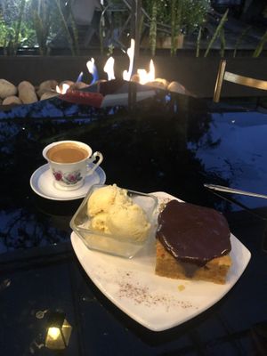 Carrot Cake with chocolate-peanut frosting + ice cream and good espresso  at Fratello Vegan in Cuenca