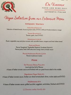 wonderful vegan menu  at Vincenzo's Grill House in Limerick