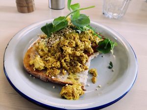 Toast with scrambled tofu and sprouts, it usually comes with springs onions too which I didn't want though at Beans&more in Jyvaskyla