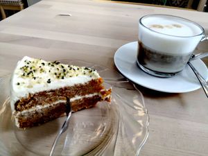 Homemade Carrot Cake and a Latte macchiato at Beans&more in Jyvaskyla