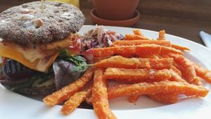 rye burger with sweet potato fries at Beans&more in Jyvaskyla