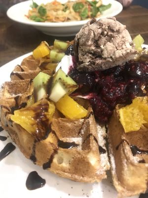 Waffle with fruits and ice at Blossom Rena Vegan Cafe 貝多蕾納 in Taipei