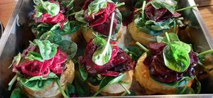 Yummy beetroot, baby spinach puff pastry tarts at Peace of Eden in Knysna