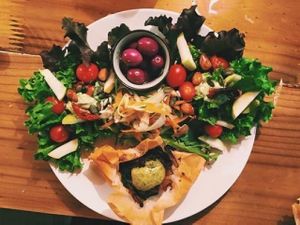 Our Vegan lunch of home grown organic salad, phyllo tart with spinach, grilled tofu, roasted butternut and home made basil pesto at Peace of Eden in Knysna