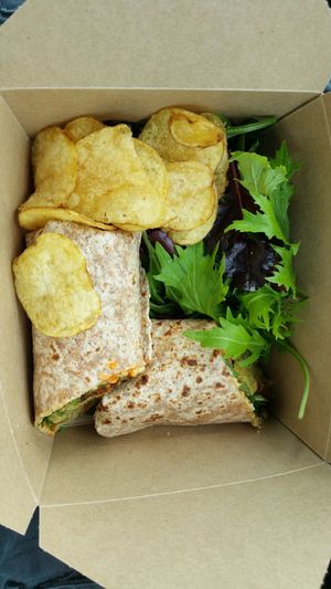 Takeaway Wrap with Salad and Crisps at The Accidental Vegan Cafe in Honiton