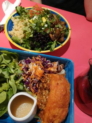 Cashew pastry roll and taco potato bowl, both super yummy!!  at The Accidental Vegan Cafe in Honiton