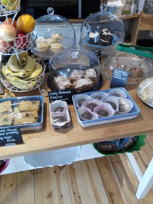 Bakewell flapjack and choco-chunk cornbread. at The Accidental Vegan Cafe in Honiton